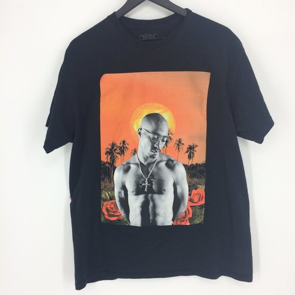 2Pac Other - Tupac Sunset Halo Palm Trees Roses Black T-Shirt